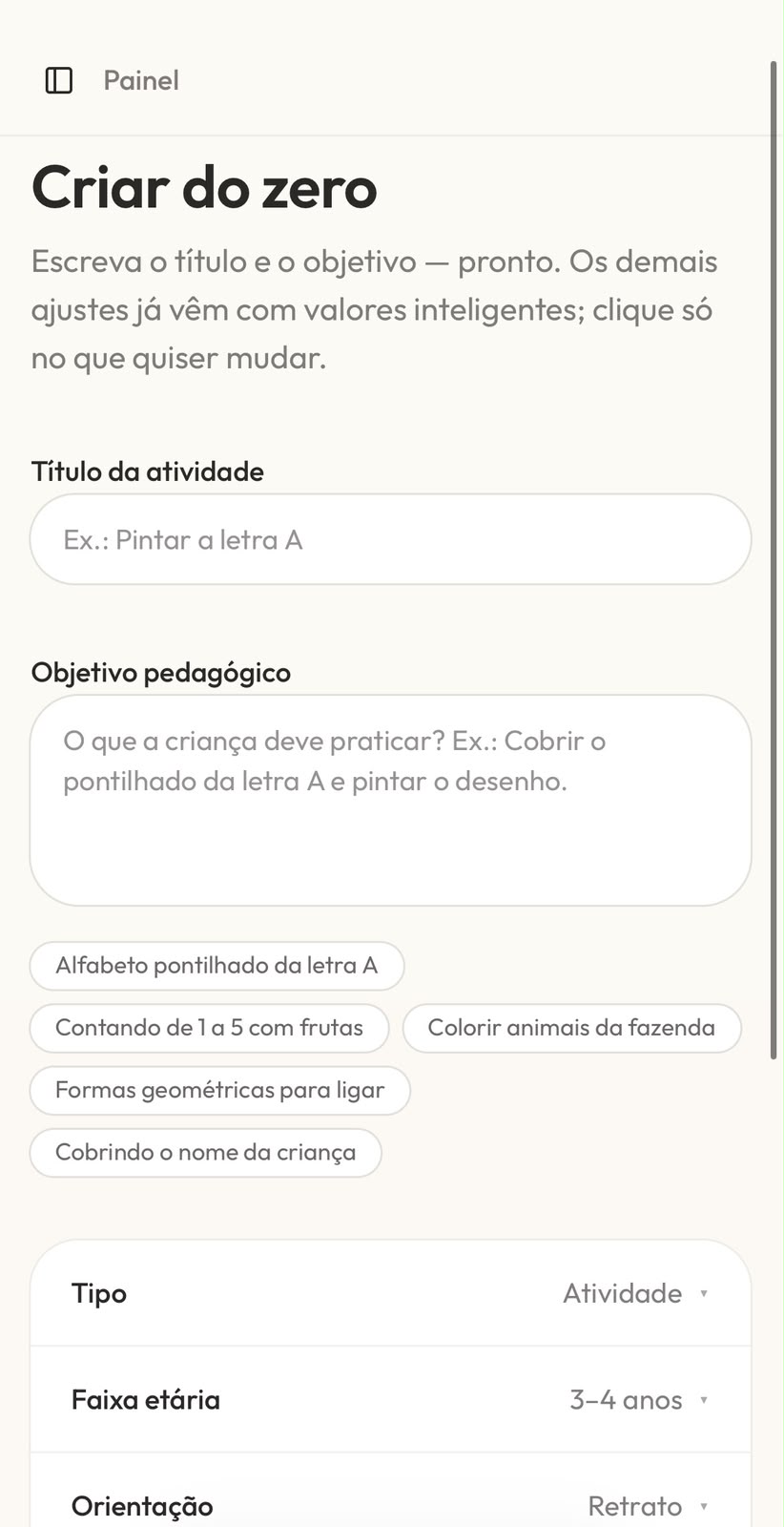 Tela 2 do Ativify: Criar do zero