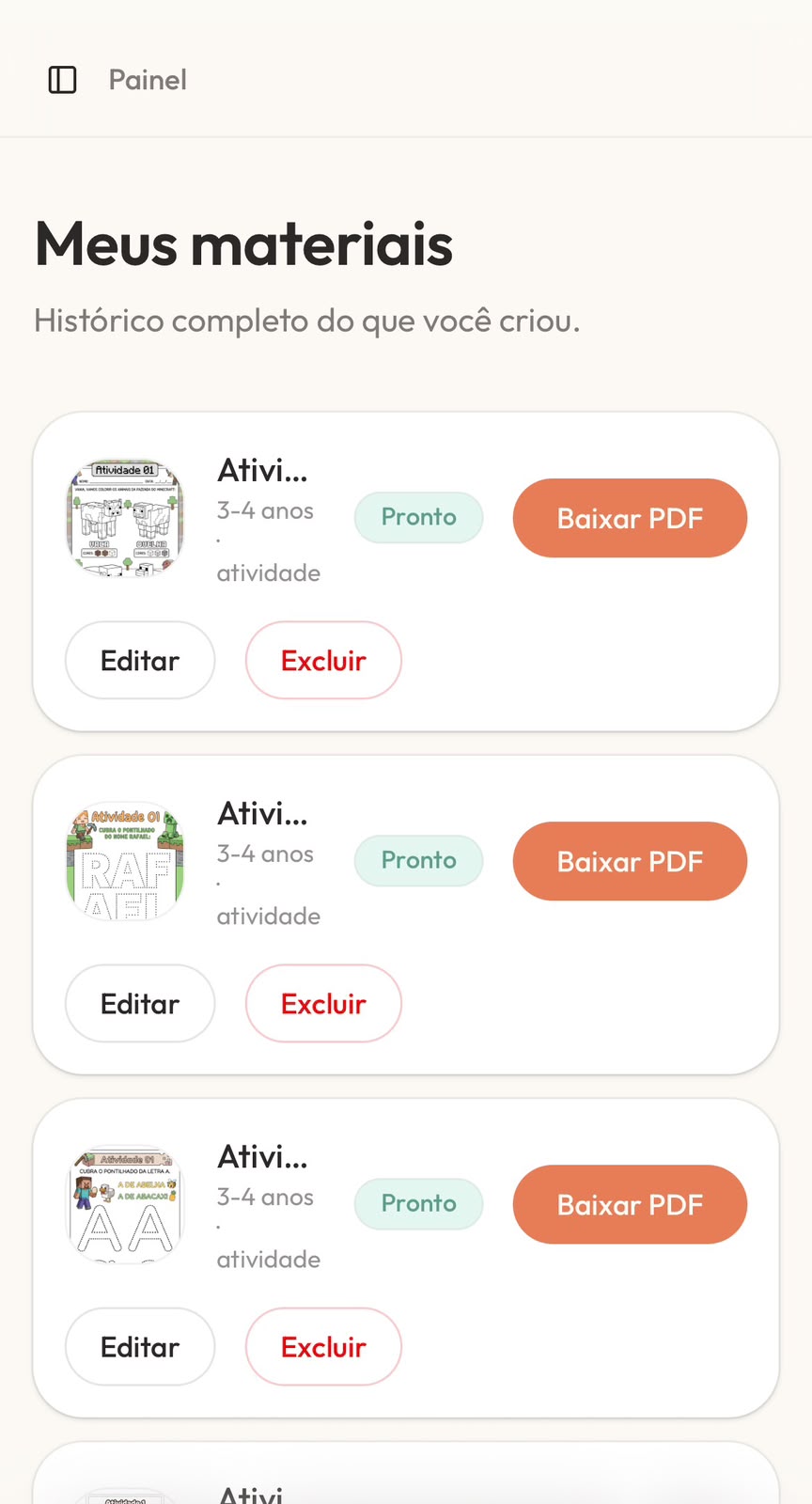 Tela 3 do Ativify: Meus materiais
